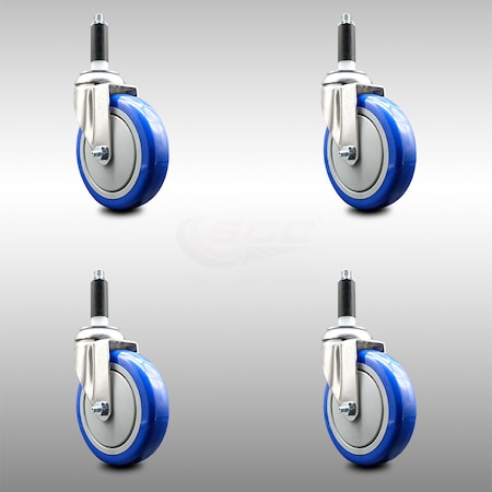 Service Caster 5 Inch 316SS Blue Polyurethane Swivel 7/8 Inch Expanding Stem Caster Set SCC SCC-SS316EX20S514-PPUB-BLUE-78-4